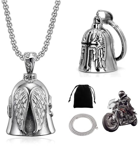 DALAETUS 2 Pièces Cloche de gardien pour moto avec 1 Chaîne et 1 Pochette en Velours Kit, Motorrad Glocke Glücksbringer en Acier Titane, Clochette Moto pour Segne Den Frieden Motard Biker Homme Mari