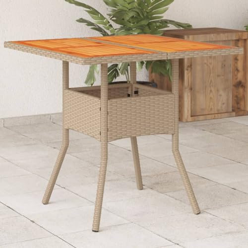 HEFZGDB Gartentisch Beige 80x80x75 cm Poly Rattan Akazienholz Campingtisch Gartentisch Balkontisch Geeignet für Gärten, Terrassen, Decks.