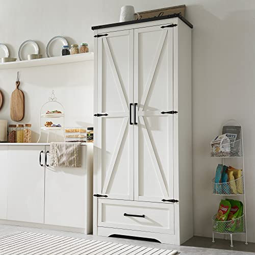 JXQTLINGMU Farmhouse Kitchen Pantry Cabinet - 72 Tall Wood Kitchen Storage Cabinets with Adjustable Shelves & 2 Barn Style Doors & Drawer, Versatile Storage for Dining Room, Bathroom, Antique White