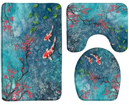 Badteppich-Set 3-Teilig Kirsche Japanisch Asiatisch Chinesisch Rote Blume Grüne Blätter Fisch Im Wasser Frühling Teal Blau Wc Vorleger Set 3 Teilig Badezimmer Vorleger 3-Teiliges Weiches