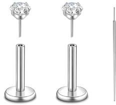 Candyfancy G23 Titan Piercing Stud 18G Lippenpiercing Tragus Helix Push In Flat Back Studs Cartilage Titan Piercing Schmuck 6MM Hypoallergen 2mm Zirkonia