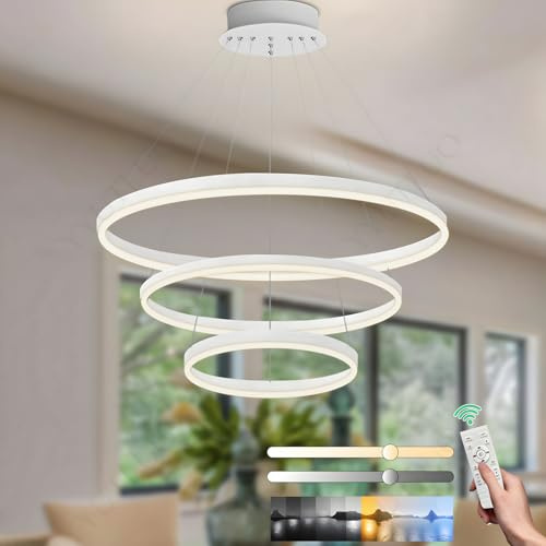 YYUTLUO Moderner DIY-Kreis-LED-Kronleuchter, 3 Weiß Ring, ∅40+60+80cm=90W, H200cm Höhe Verstellbar, Metall+Acryl, Dimmbare Fernbedienung, Runde Hängelampe, Wohnzimmer Schlafzimmer Restaurant Büro