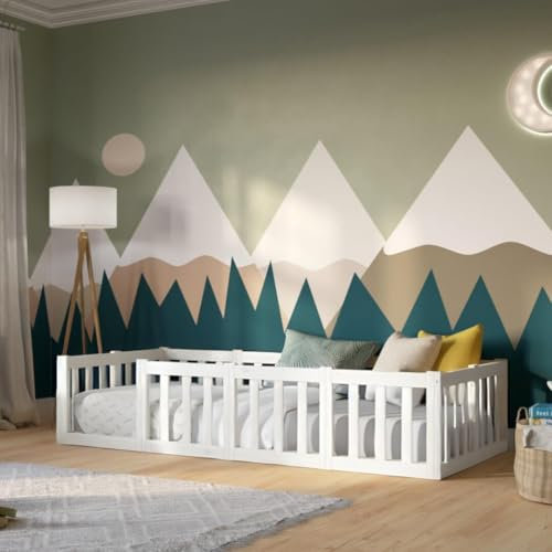 Crazy Pine Kinderbett 90x200 cm – Montessori Bodenbett mit Rausfallschutz 40cm - Weiß mit Glatter Oberfläche - Perfekt für Jungen und Mädchen Crazy Johnny