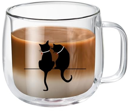 MESNEY Double Wall Glass Coffee Mugs - 300ml Glass Coffee Cup with Black Cat Design, Heat-Resistant Borosilicate Glass Clear Mug, Insulated, Dishwasher Safe