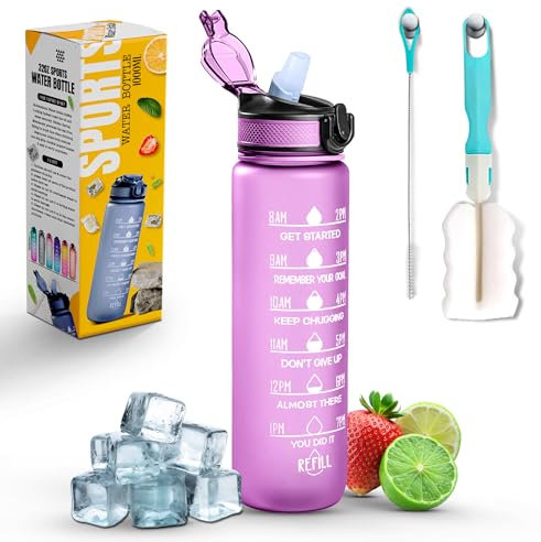 Roe Tenpo Sports Water Bottle with Straw and Time Marking, and 32OZ Capacity - Motivational and Eco-Friendly BPA-Free Bottle for Running, Gym, Yoga, Outdoors, and Camping (Style-1, Lavender)