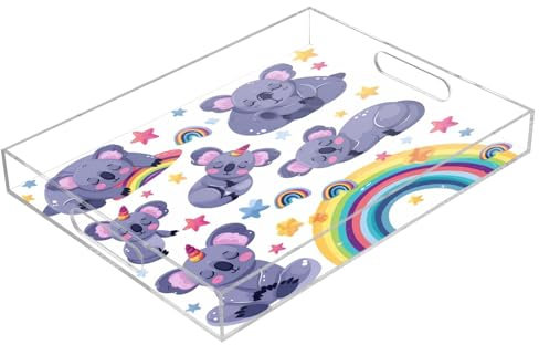 Rainbow Koalas Plateau de service rectangulaire en acrylique transparent avec poignées pour table basse, cuisine, salle de bain