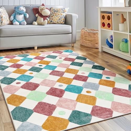 TOPICK Alfombra para salón, lavable, pelo corto, suave, moderna, rombos, 120 x 180 cm, geométrica, antibacteriana, plegable, antideslizante, para dormitorio, habitación infantil, salón, pasillo, baño