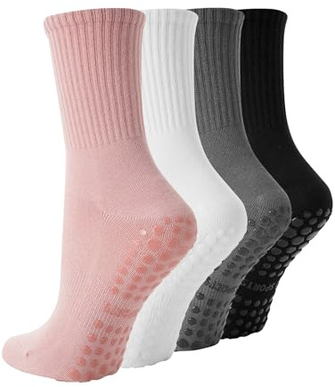 BONANGEL Chaussettes Pilates Yoga En Coton 36-40 Chaussettes Antidérapantes Femme pour Sport Ballet Enceinte Gym Hospital 4 Paires