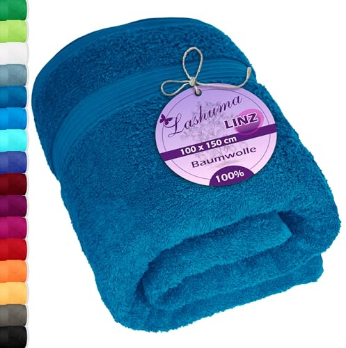 Lashuma Frottee Badetuch groß aus 100% Baumwolle, Linz XXL Duschtuch 100x150 cm Blau - Petrol