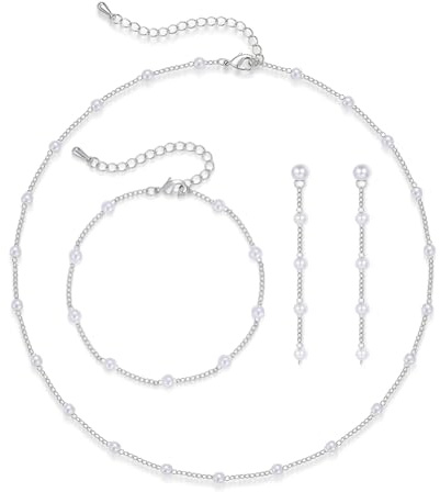 Loutade Silber Schmuck Set Damen, 3PCS Perlenkette Tropfen Ohrringe Setcker Armband Set, Hypoallergen Ziemliche Silber Damen Schmuckset Brautschmuck für Braut Brautjungfern Hochzeitstag Geschenke