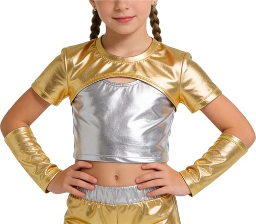 LOLANTA Haut Metallisé Enfant Fille Métallique Crop Top Danse Tenue Hip-hop Latine Jazz Spectacle Carnaval Fête Brillant Disco T-Shirt Manches Courtes avec Manchon Bras, Or, 8-9 Ans, 140