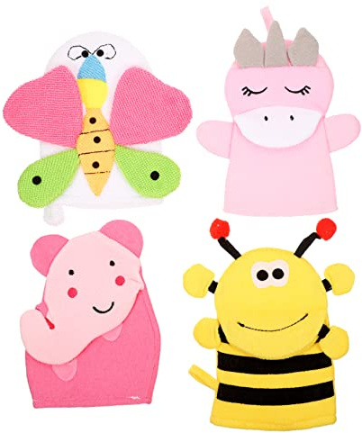 Cartoon Badehandschuhe für Kinder, Pack, Körperpeeling | Composite Cotton, Leichte Form, für Dusche und Bad, für Körper und Hals, 4 Stück Zufälliger Stil