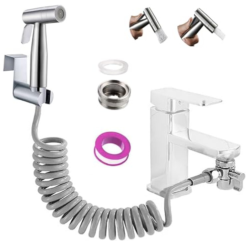 Handheld Bidet Sprayer Dual Function Nozzle Stainless Steel Baby Cloth Diaper Spray Set, 1.5m Shower Hose and Fitting, Toilet Bidet Sprayer for Washing Hair or Wash Basin