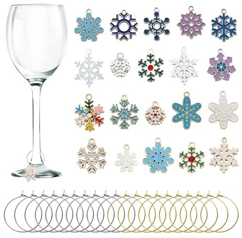 CNYMANY 20 Stück Weinglas-Anhänger, Emaille-Weihnachts-Schneeflocken-Anhänger mit Schnallen-Design für Wein, Cocktails, Champagner, Partys und Weihnachtsgeschenke