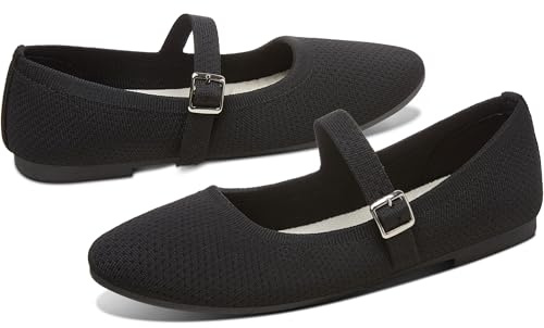 AISFAES Women Knit Mary Jane Flats Breathable Mesh Strap Ballet Flats Soft Round Toe Washable Ballet Shoes Stylish Business Casual Dress Flats(Black,US8)