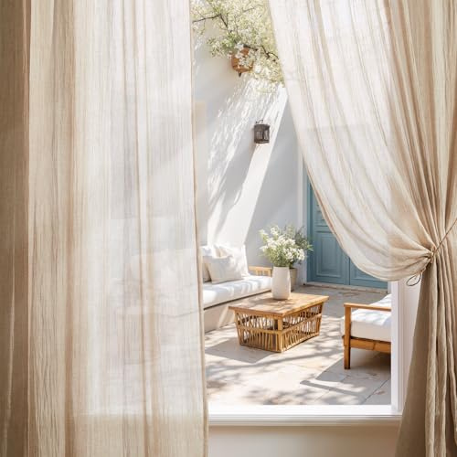 Melodieux Schlafzimmer Gardinen mit Kräuselband - Boho Voile Gardinen Vorhang 225×140cm (H×B) 2er Set, Privatsphäre, Vorhäng Leinenoptik, Schlaufengardinen Kurz fur Flur, Schlafsaal