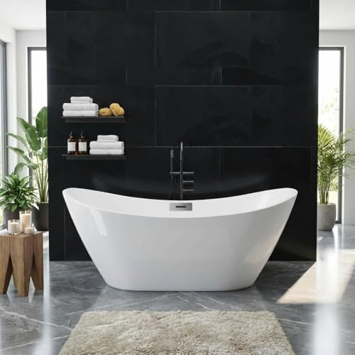 67'' Freestanding Bathtub, Acrylic, Deep Soaking Tub with Non-Slip Surface, Modern Free Standing Bath Tub, Chrome Drain, cUPC Certified, Easy Install, Space-Saving Bathtub for Bathrooms, White