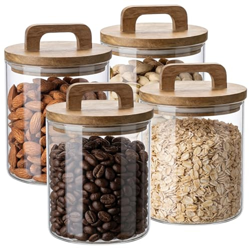 Trukafie - Barattoli di vetro con coperchio, ermetici, 4 x 800 ml, contenitori in vetro con coperchio in legno e comodo manico per la cucina, per farina, cereali, conservazione degli alimenti