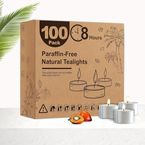Ashlux Teelichter 100 Stück – Palmölwachs, 8 Std., weiß | paraffinfrei, rußfrei & tropffrei – ideal für Hochzeit, Party, Abendessen & Meditation
