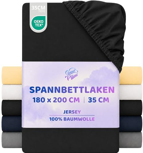 Cloud Pillow Spannbettlaken 180x200 Jersey 100% Baumwolle 160 g/m² Schwarz | Für hohe Matratzen und Boxspringbetten, bis 35 cm Steghöhe, Rundumgummi, 60 °C waschbar, OEKO-TEX Standard 100