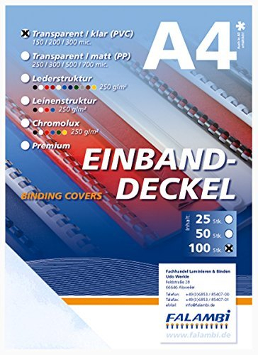 100 Deckelfolien A4, transparent-klar, 150 micron