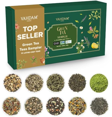 VAHDAM, Coffret assortiment de thé vert – 10 thés | 100% ingrédients naturels | Coffret cadeau de luxe | Coffret Noël 2025 | Thé vert en vrac | Coffret dégustation cadeau Noël