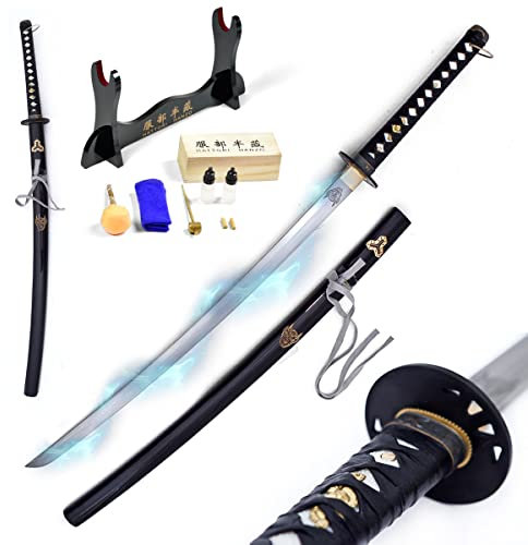 Swords and more Töte Bill Hattori Hanzo Bills Schwert -gefaltet – Samurai Schwerter scharf echt – handgeschmiedeter Carbon Stahl 101cm, Katana Schwert mit Schwertpflegeset, Samurai Deko