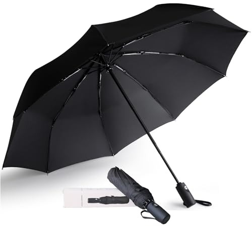 AMVUZ Regenschirm Sturmfest Reise Winddichte Auf-Zu-Automatik Taschenschirm,210T Teflon-Beschichtung Schirm (Schwarz)