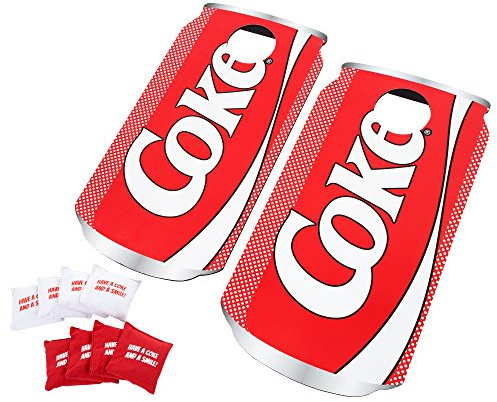 10-Piece Coca Cola Corn Holes Outdoor Game Set - Includes 2 Wooden Coke Can-Shaped Corn Hole Toss Boards with 8 Bean Bags (Red)