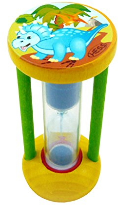 Hess Holzspielzeug 14590 - Zahnputzuhr aus Holz für Kinder, Serie Dinosaurier, inkl. Sanduhr mit farbigem Sand, handgefertigt, zur täglichen Nutzung beim Zähneputzen