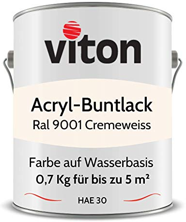 Viton Buntlack 0,7 Kg Weiss - Seidenmatt - Wetterfest für Außen und Innen - 3in1 Grundierung & Lack - HAE 30 - Nachhaltige Farbe auf Wasserbasis für Holz, Metall & Stein - RAL 9001 Cremeweiss