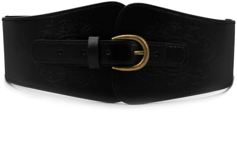 VANANA Elastic Waist Belt Black Vintage Wide Corset Waspie Stretchy Belt Leather Waistband Totem Print