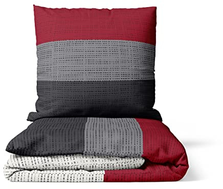 LARAWELL Bettwäsche 135x200 Baumwolle Ganzjahres Bettwäsche-Sets rot grau gestreift Premium