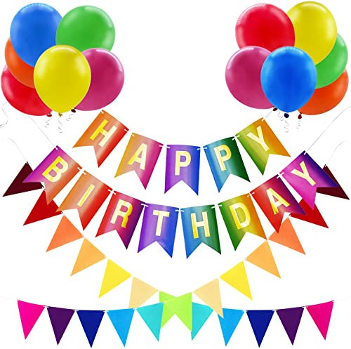Rainbow Happy Birthday Banner and Bunting Felt Pennant Banners Colorful Party Decorations Set for Women and Men with 12 Rainbow Latex Balloons Perfect for Indoor and outdoor Birthday Parties