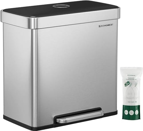 SONGMICS Kitchen Bin, 2 x 30L Stainless Steel Pedal Rubbish Bin with 15 Trash Bags, Recycling and Waste, with Plastic Inner Buckets, Lid, Soft Closure, 58 x 31.5 x 59 cm, Silver LTB202E01