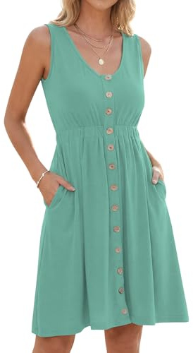 AUSELILY Sommerkleid Damen Ärmellos V-Ausschnitt Strandkleid Elastische Taille Freizeit Knopfleiste Keid mit Taschen Mintgrün 2XL