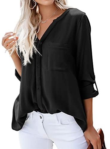 Dordanity Damen Bluse Elegant V-Ausschnitt Hemd Langarm Casual Arbeit Einfarbig Button Down Lose Langarmshirt Oberteile Tops (Small,Schwarz)