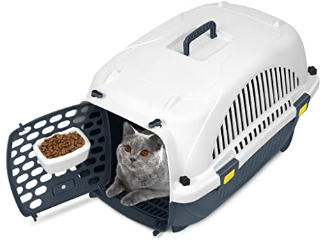 TRMLBE Transportbox Katze 61x37x37cm Hundebox Katzentransportbox aus Kunststoff mit Tragegriff und Fressnapf Tiertransportbox für Katzen Kleiner Hund Kaninchen Haustiere - Grau