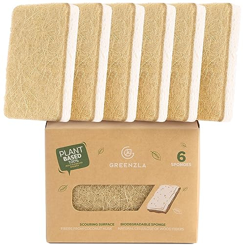 Greenzla Paquete de 6 esponjas Naturales de Cocina – Esponja Biodegradable a Base de Plantas de cáñamo de sisal – ecológica, Cero Olor, Almohadilla de Estropajo antiarañazos para encimeras de Cocina,