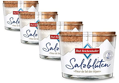 Bad Reichenhaller Salzblüten 4 x 100g Fleur de Sel der Alpen | Set Salz handgeschöpft und naturbelassen | reinste Qualität feiner Geschmack | Kristallstruktur hochwertiges Premiumsalz für Gourmets