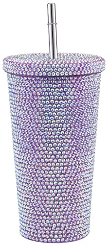 Dubbade Diamantglas 500 ML Isolerade Koppar med Dubbla Väggar med Sugrör och Borstar, Bling Rhinestone Resemugg för Kvinnor Present(Lila)