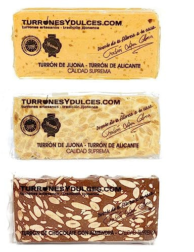 Lote de 3 Turrones Artesanos (Jijona:blando, Alicante:duro y Chocolate con Almendras) 3x300g (900g total)