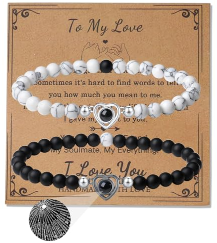 XIANNVXI 2 Stück Couple Armband Damen Herren Kristalle Matching Bracelets Partner Armbänder Naturstein Stretch 100 Sprachen Liebhaber Beziehung Geschenk (Lava Rock & Weißer Türkis)