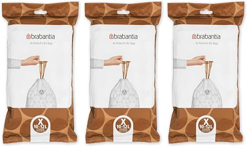 Brabantia Sacs Poubelle PerfectFit (Code X/10-12 Litres) Ultra Résistant, Poignées Coulissantes (40 Sacs) 138041 Blanc (Lot de 3)