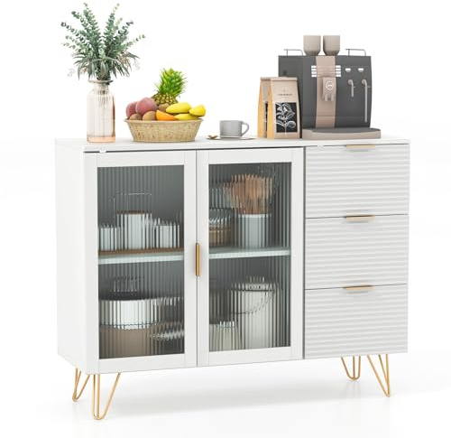 COSTWAY Buffet Cabinet, Kitchen Storage Cabinet with Drawers, Doors, Shelves & Gold Metal Legs, Server Pantry Cupboard Unit for Kitchen Living Dining Room (2 Doors & 3 Drawers, 108 x 40 x 85cm)