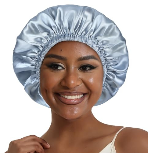 Hat Hut Seidenhaube Satin Bonnet Satin Schlafhaube Einstellbare Seidenmütze Doppellagig Silk Schlafmütze für Damen (Grau Blau/Schwarz)