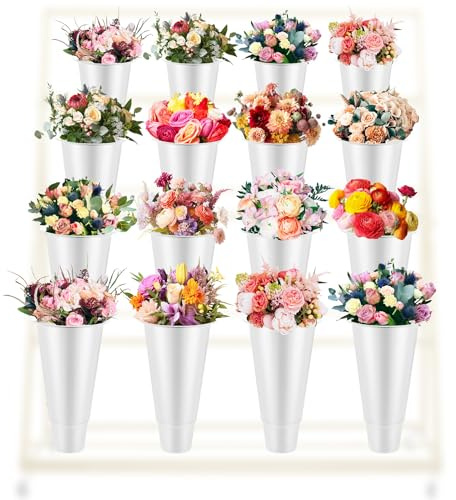 Sunnychicc 16 Pcs 14.5 Inch Tall Plastic Flower Buckets Bulk Floral Buckets for Cut Flower Tall Vase for Wake up Flowers Indoor Outdoor Home Wedding Display Florist Supplies(White)
