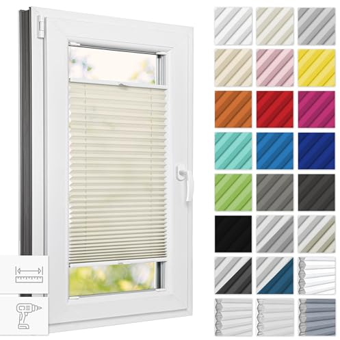 Estika Plissee mit Bohren 30 cm x 100 cm - Elfenbein - Rollos für Fenster, Jalousien Fenster für innen, Raffrollo, Fenster plissee