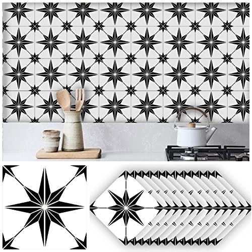 Neukids 24pcs 15×15cm Black and White Tile Stickers Eight-Pointed Star | Classic,Peel and Stick Adhesive Tiles,Bathroom Laundry RV Panels Fireplace Cooker Kitchen Backsplash Self Adhesive