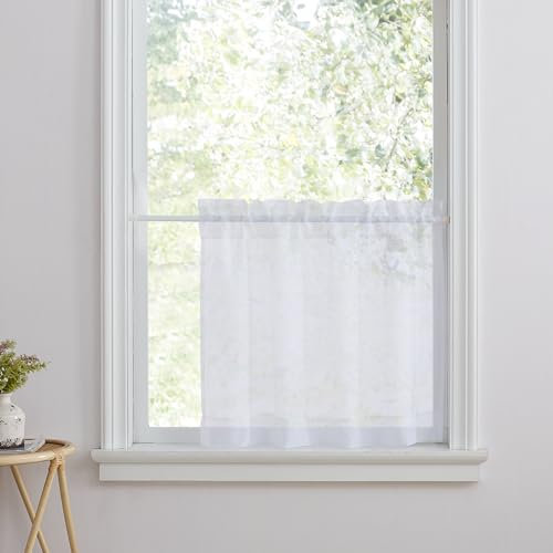 PONY DANCE Visillo con barra de tracción, cortina blanca transparente, cortina corta para ventanas pequeñas, ancho 90 x alto 45 cm, cocina, caravana, 1 unidad